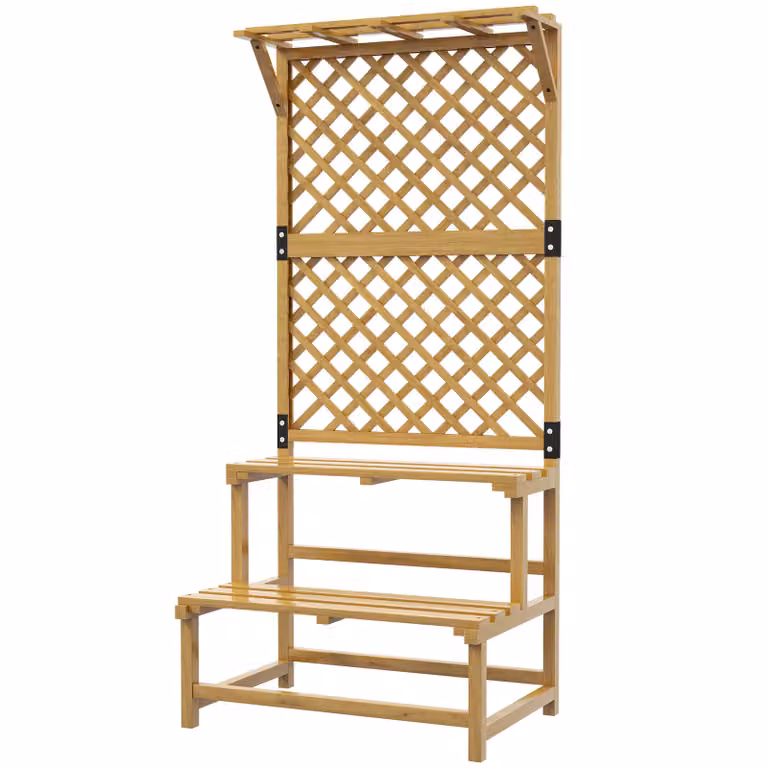 Outsunny Plantenstandaard met klimrek en dak, 2 niveaus, vurenhout, Geel, H x B x D: 166 x 75 x 50 cm