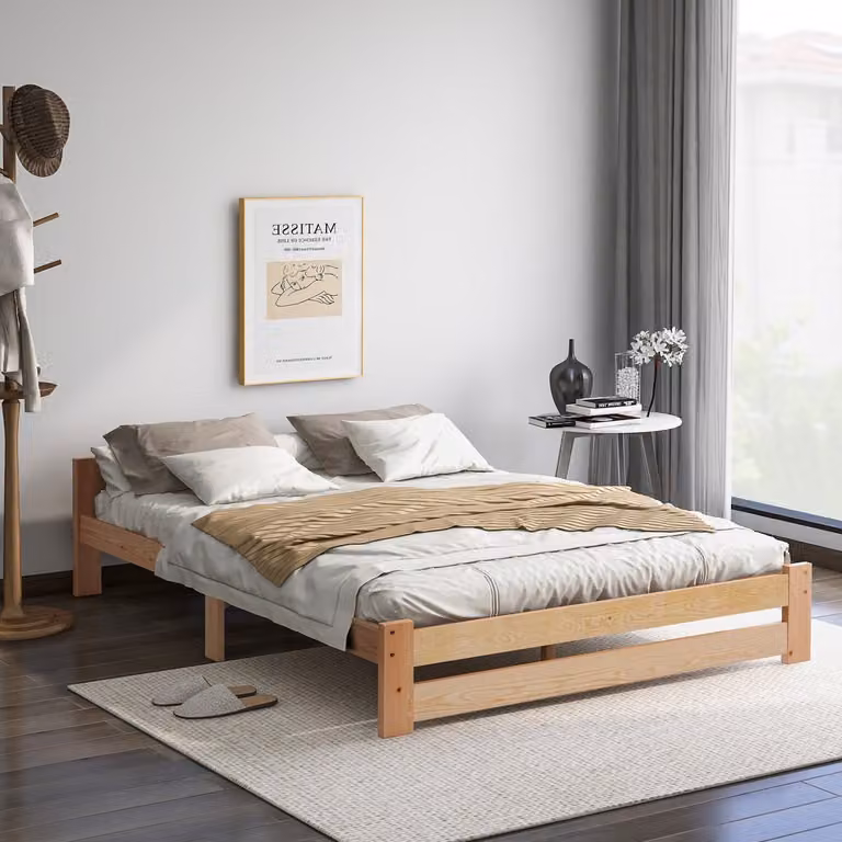 Wishdor Massief Houten Tweepersoonsbed - Scandinavisch / Futon Stijl - Naturel - B/D: 140 x 200 cm