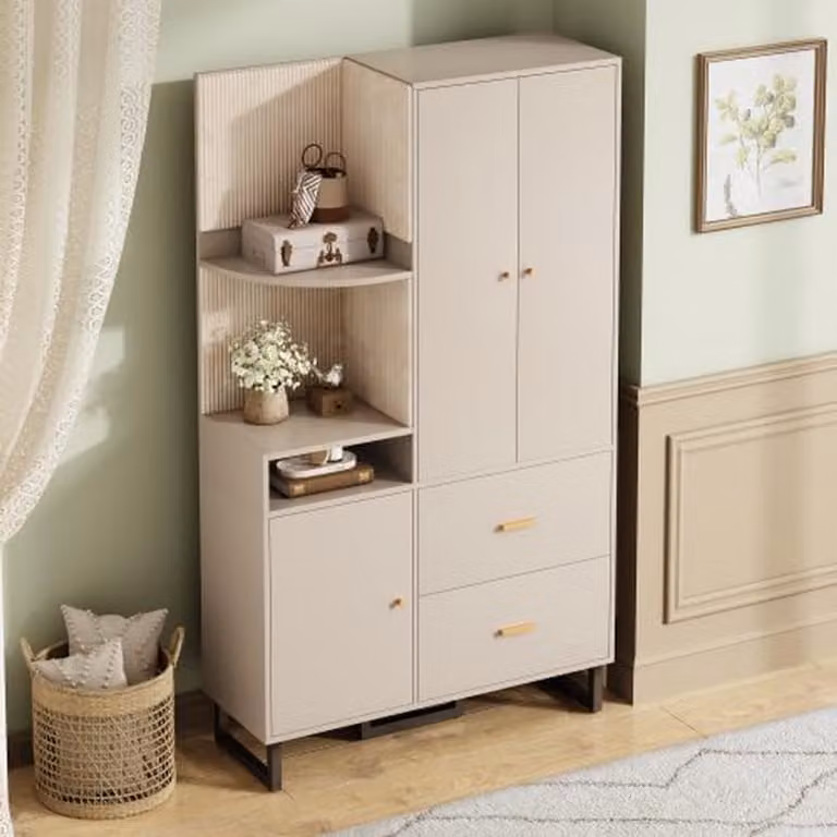 Smalle garderobe kledingkast voor de hal met stoffen panelen en deuren met laden, Beige, Breedte: 110 cm