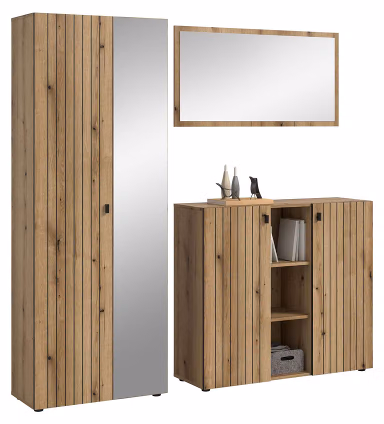home24 Halmeubelset Station 3-delig combi met spiegel en schoenenkast, eikenhout decor, Bruin/Zwart, B 191 x H 192 x D 37 cm