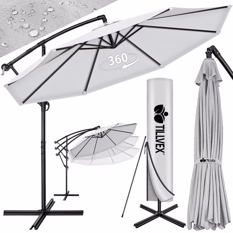 Tillvex Parasol Grijs Ø 300 cm met Handkurbel en Kantelmechanisme voor Tuin, Balkon of Marktkraam