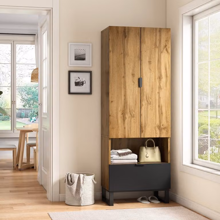 STILVORA Garderobekast met hangsysteem, verstelbare planken en lade - Lichtbruin en Zwart - B/D/H: 180 x 65 x 38 cm