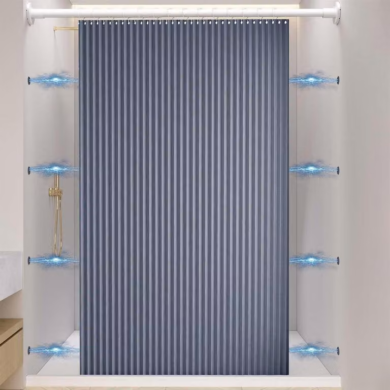 Waterdicht gestreept douchegordijn in grijsblauw van polyester, B: 100 cm, H: 200 cm