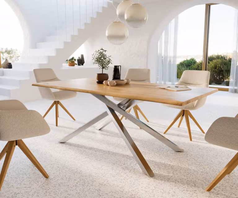 DELIFE Eettafel Edge Live-Edge Eikenhout met RVS Kruisframe, Bruin/Zilver, B: 200 cm, D: 100 cm, H: 72,5 cm