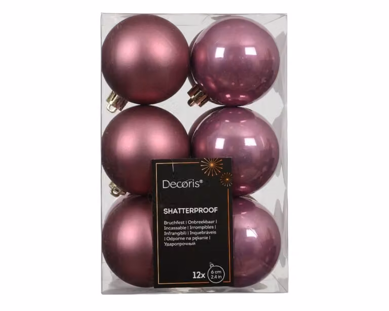 Decoris 12 onbreekbare kerstballen vintage roze, diameter 6 cm