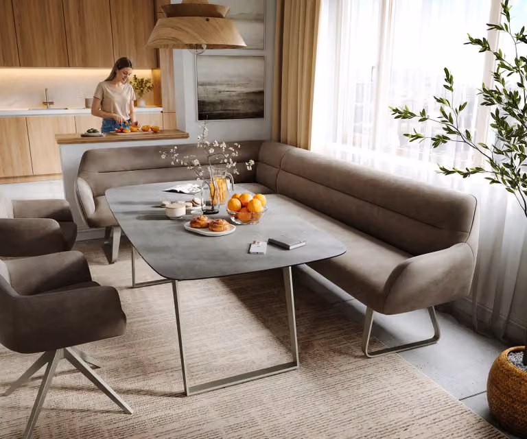 DELIFE Taya-Flex Eetkamerbank in beige microvezel met L-vorm en platte sledebasis B: 282 cm, D: 105,6 cm, H: 87 cm