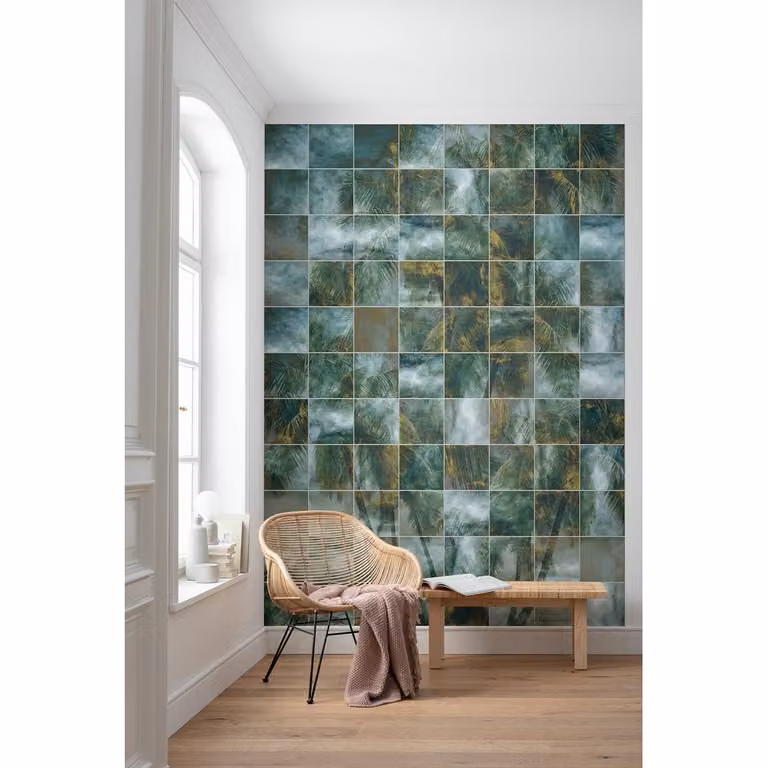home24 Vlies-fotobehang Palm Puzzle, Botanisch en Modern, Multicolour/Groen, B: 200 cm, H: 280 cm