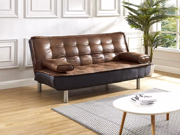 Vente-unique MISHAN II Driezits-slaapbank in verouderd bruin microvezel met click-clack functie