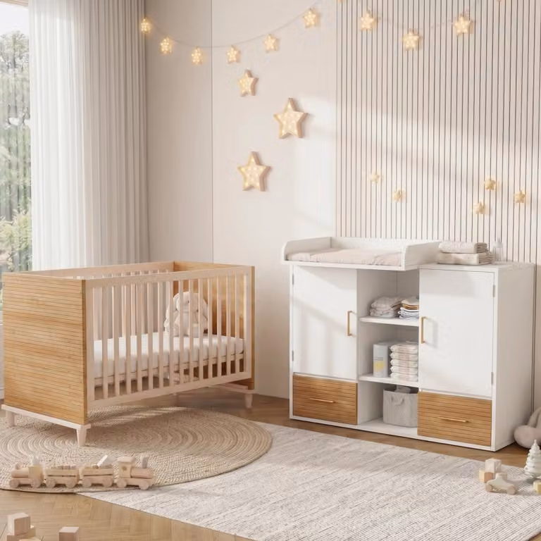 OKWISH Wickelcommode en babybed set met lades en verstelbaar bed voor baby's