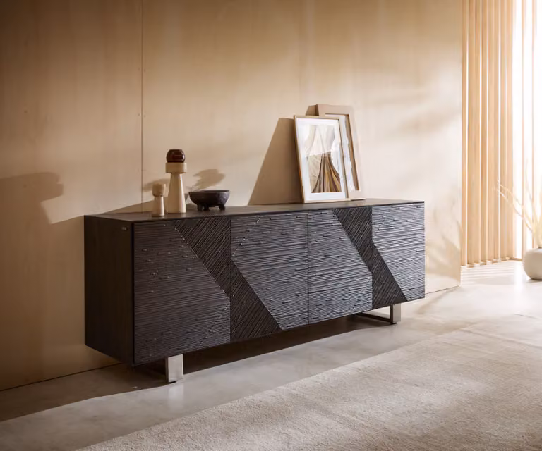 DELIFE Dressoir Tereos 200 cm donkerbruin essenhout met 3D-effect en 4 deuren met geborsteld RVS-details
