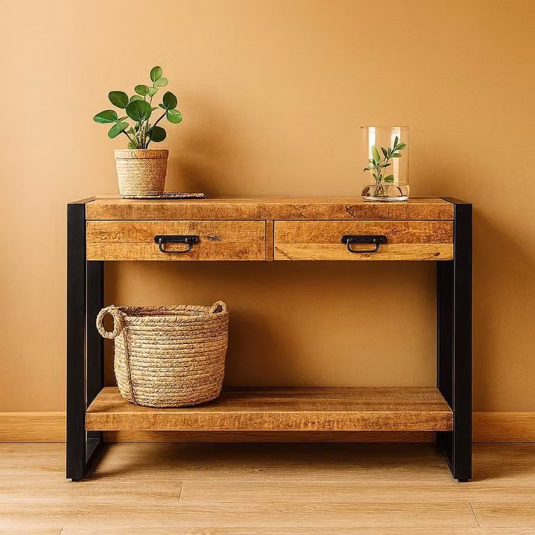 Industriële Sidetable van Mangohout en Staal met Lade - B/D/H: 120 x 35 x 76 cm