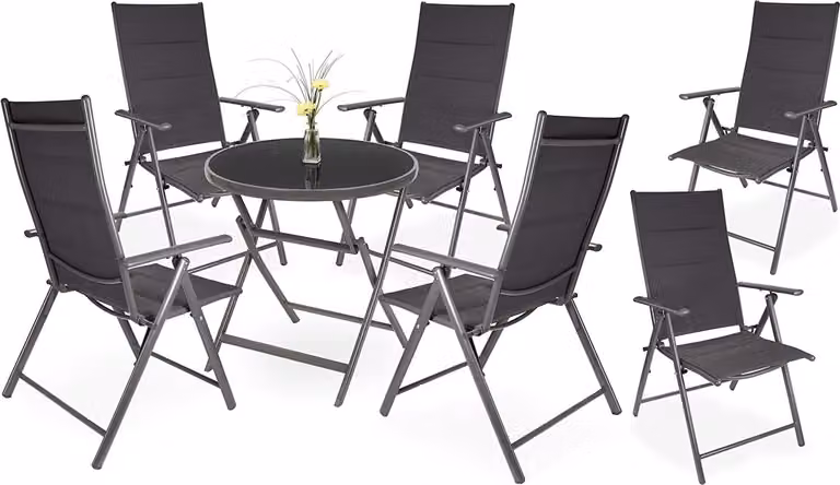 Brubaker Tuinset Riva Zilvergrijs - Inklapbare ronde glazen tafel met diameter 70 cm en 6 stoelen met hoge rugleuning