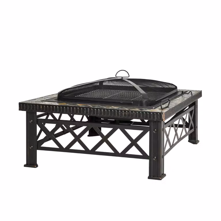 Outsunny 3-in-1 Vuurschaal met Leistenen Panelen en Grillnet, B/B/H: 76 x 76 x 47 cm