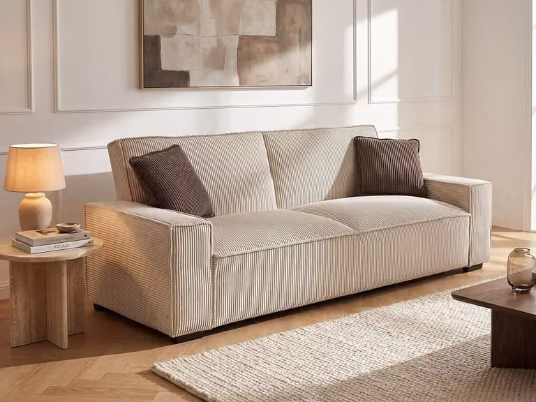 SEKOTA Uitschuifbare driezitsslaapbank in beige ribfluweel met slaapfunctie en afneembare hoezen