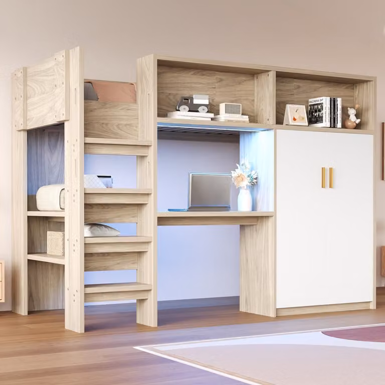 MODFU Hoogslaper met bureau, kledingkast en LED-verlichting, naturel, 90 x 200 cm