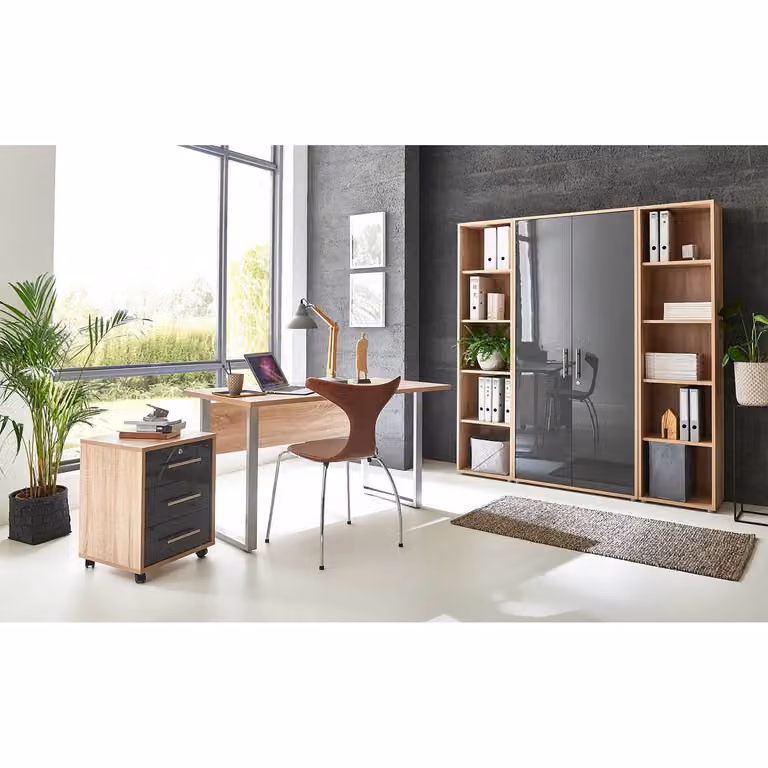 home24 Bureauset VI 5-delig in beige, Sonoma eikenlook en hoogglans antraciet