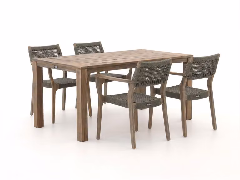 ROUGH Diningset voor 4 personen van bruin teakhout met stapelbare stoelen