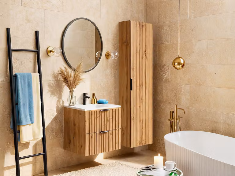ZEVARA Geribbeld hangmeubel met inbouwwastafel en kolomkast in lichte houtkleur - Breedte: 60 cm