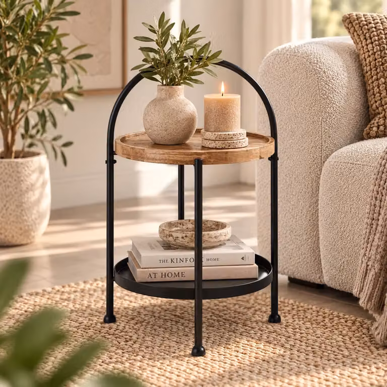 Leitmotiv Bijzettafel Tray, Ronde Houten Tafel met Metalen Onderstel, Bruin