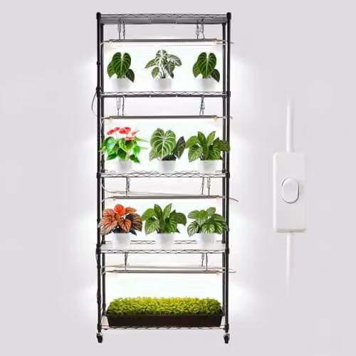 VEVOR DIY plantenrek met groeilampen, zwart metalen plantenstandaard op wielen voor het opkweken van zaailingen, B/D/H: 75 x 35 x 180 cm