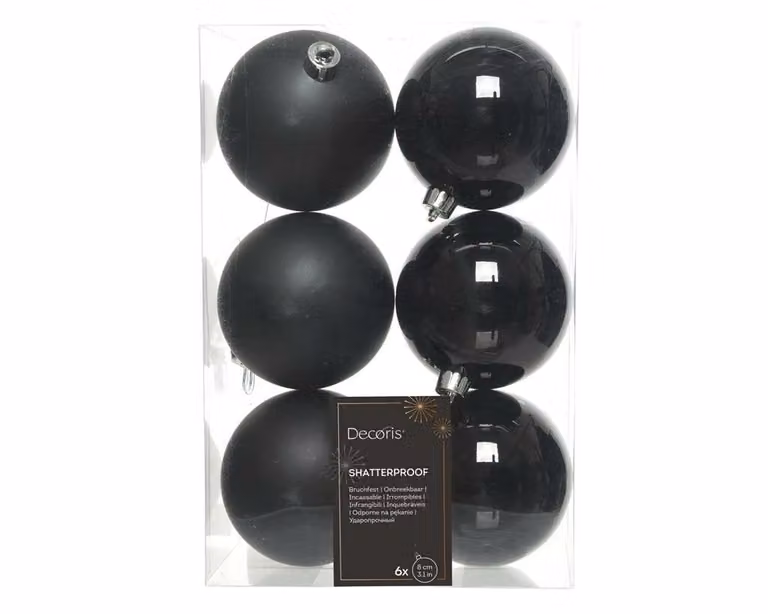 Decoris 6 onbreekbare kerstballen zwart, diameter 8 cm