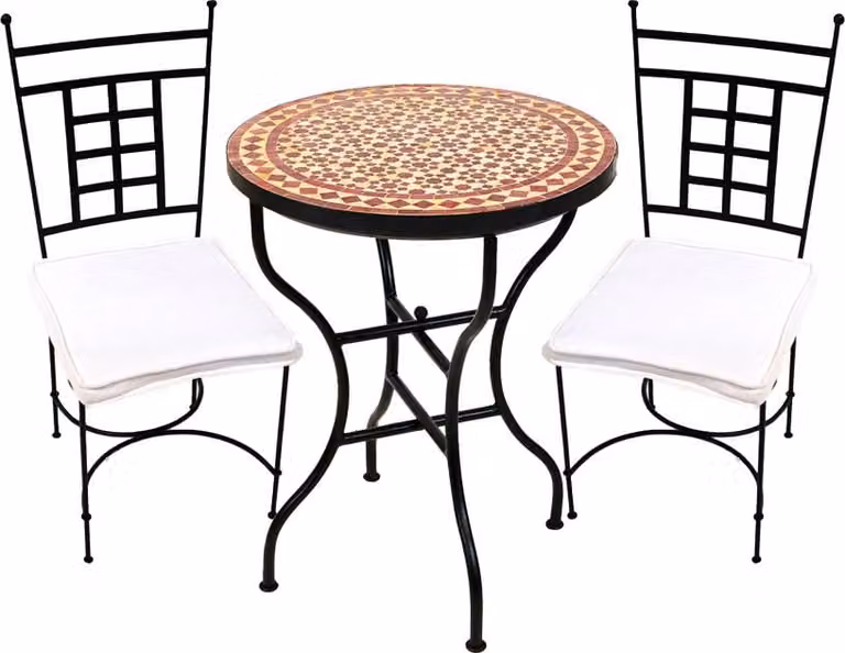 Athen Albaicín 3-delige Bistroset Beige Bordeaux - Mediterrane Mozaïektafel met 2 Stoelen - Handgemaakt Smeedijzeren Tuinset voor Balkon en Tuin - Diameter tafel: 60 cm