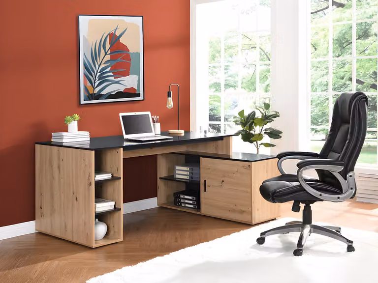 ROMIARA Hoekbureau met opbergruimte - MDF - Beige en zwart - B: 120 cm, D: 120 cm, H: 76 cm