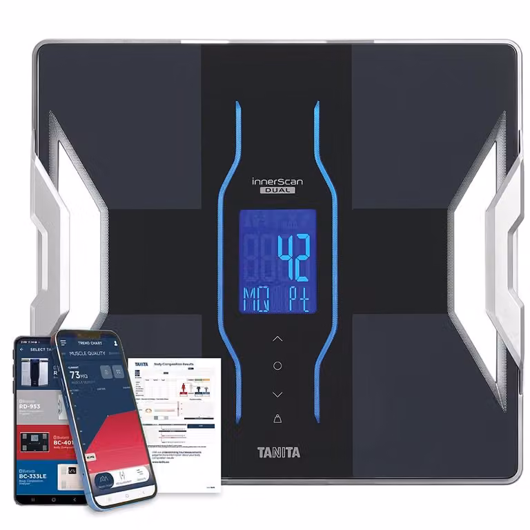 Tanita RD-953 Professionele lichaamsanalyseweegschaal met Dual-frequentie meting van lichaamsvet, spierkwaliteit en metabolische leeftijd via Bluetooth-app, max. 200 kg