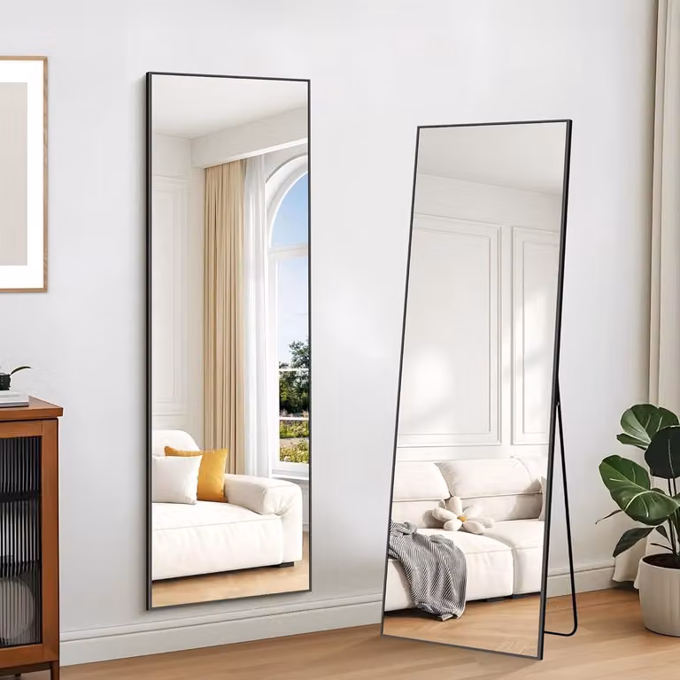 Rechthoekige spiegel met aluminium frame voor slaapkamer, woonkamer of kleedkamer, staand en kantelbaar, 38 x 147 cm