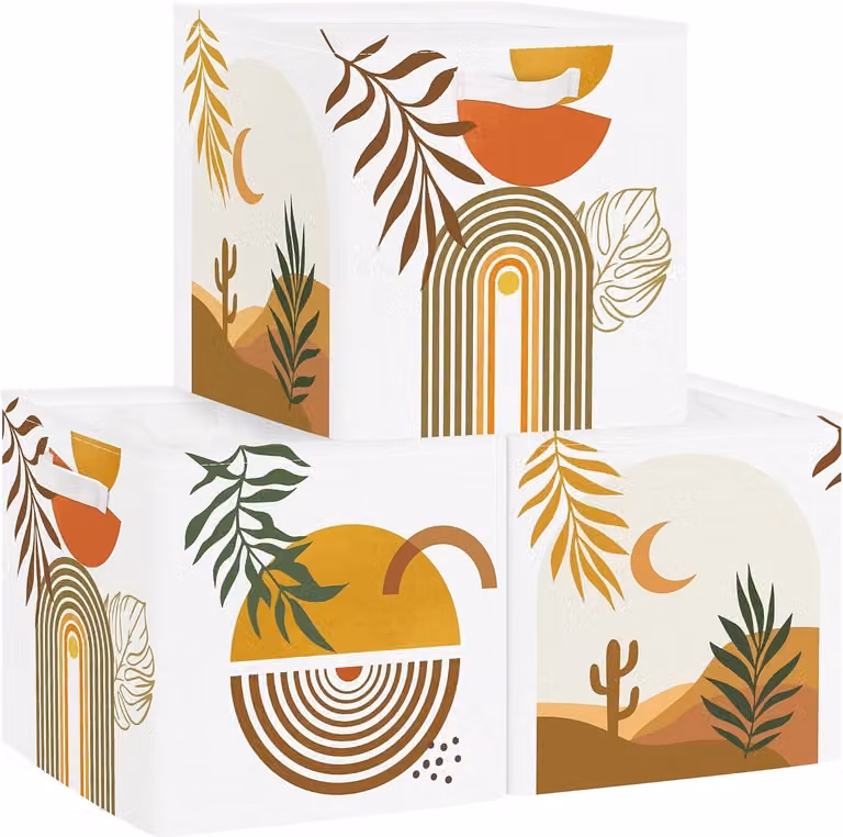 Set van 3 opbergdozen met Boho abstract bladmotief, bruin, inklapbaar, 30 cm