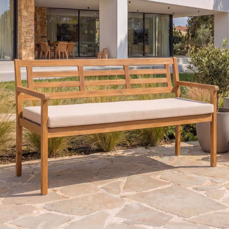 Mendler Tuinbank HWC-N47 van massief acaciahout met armleuningen en crème-beige kussen