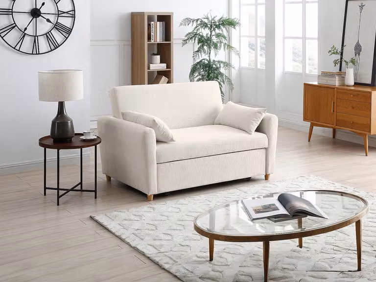 AYLA Tweezitsslaapbank in beige ribfluweel met slaapfunctie