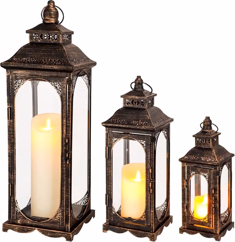 Set van 3 Vintage Kaarsenlantaarns van Metaal en Gehard Glas voor Tuin en Woonkamer, Hoogte: 25,4 cm, 35,5 cm en 49,5 cm