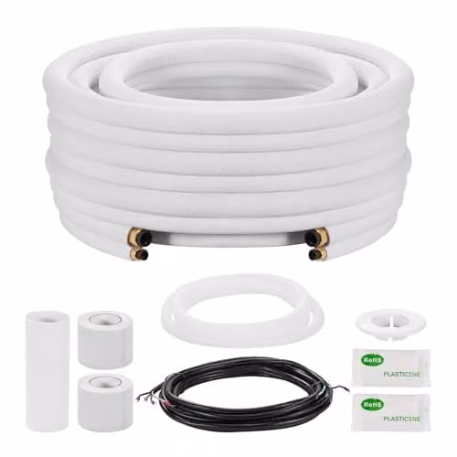 VEVOR Mini Split Line Set Koelmiddelleiding, 15,24 m, Koperen Buizen 6,4 & 12,7 mm, Wit PE-geïsoleerd, met Messing Fittingen voor Airconditioner of Warmtepomp