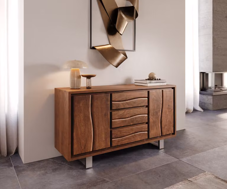 DELIFE Dressoir Live-Edge van acacia hout en metaal, Bruin, Breedte: 147 cm