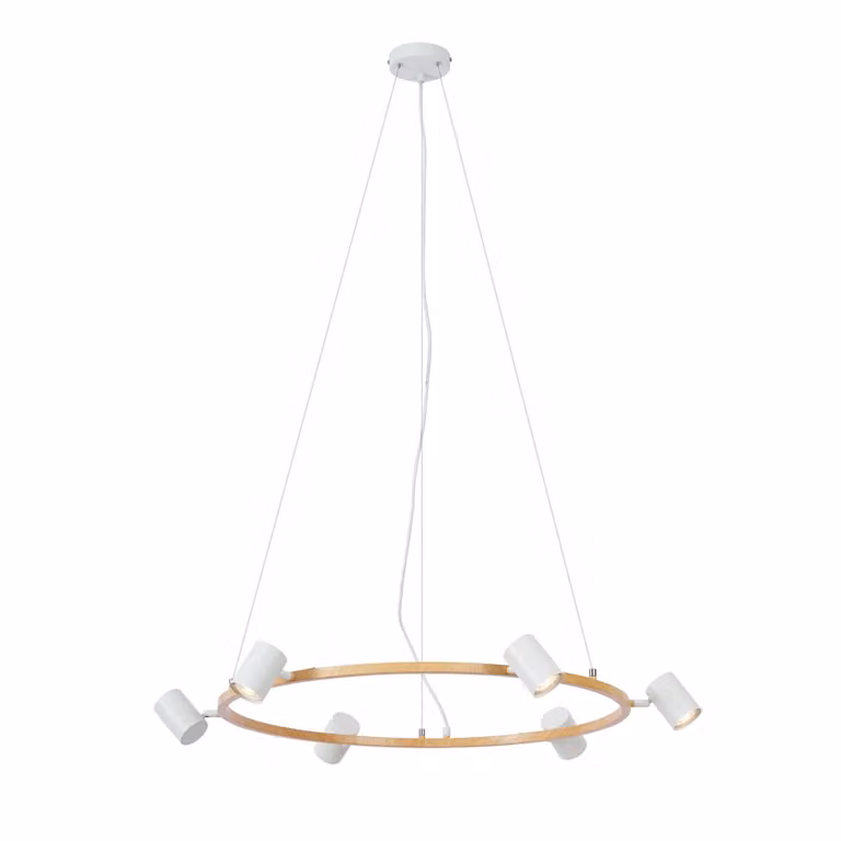 QAZQA Jeana Smart Hanglamp met Hout en Wit Rond Design, 6-lichts, Wifi, GU10 LED