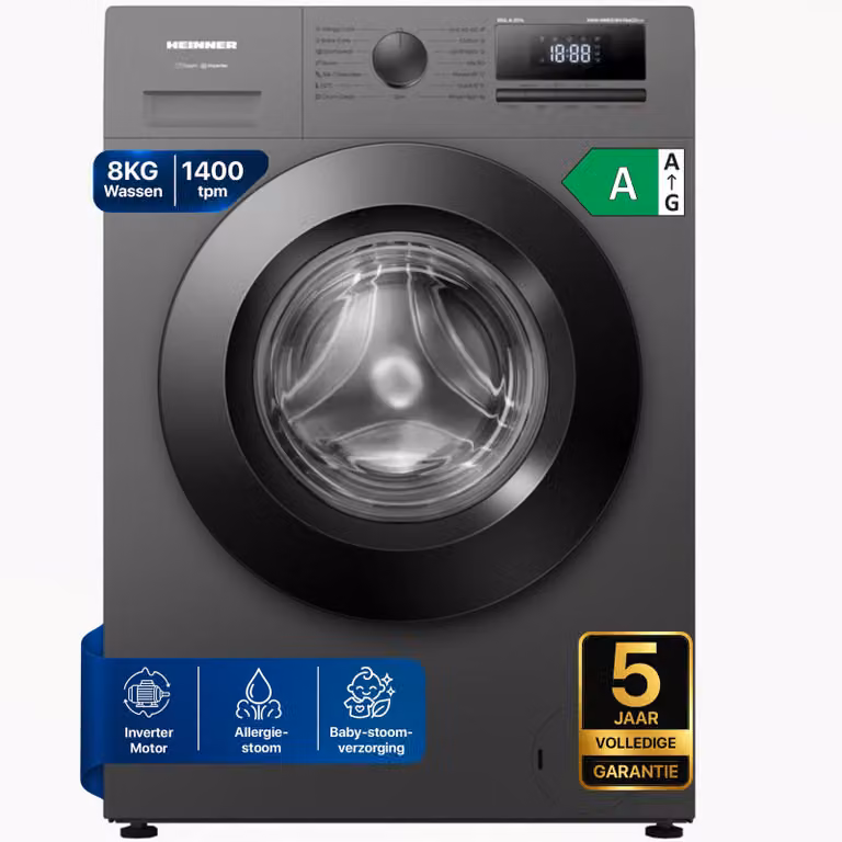 Heinner HWM-HME814IVTGA20+++ Wasmachine, 8 kg, 1400 rpm, A-20%, Inverter, 15 Programma’s, Titaniumgrijs