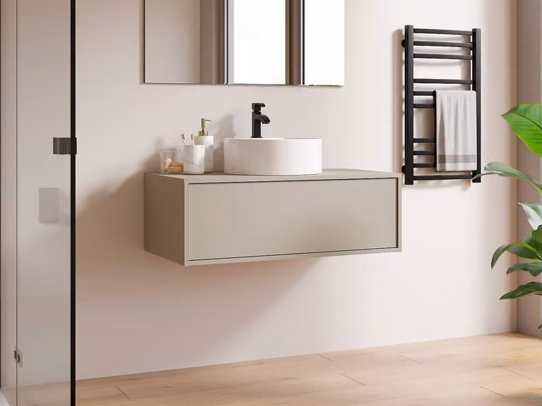TEANA II Zwevend badkamermeubel met ronde wastafel in beige en wit - Breedte: 94 cm