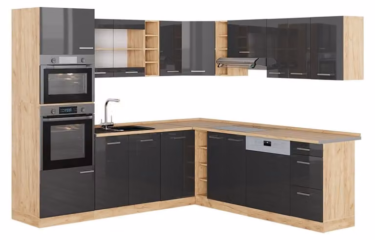 Vicco R-Line Hoekkeuken Antraciet Hoogglans en Goudkleurig Eiken, Model 37704, 247 x 237 cm (zonder werkblad)