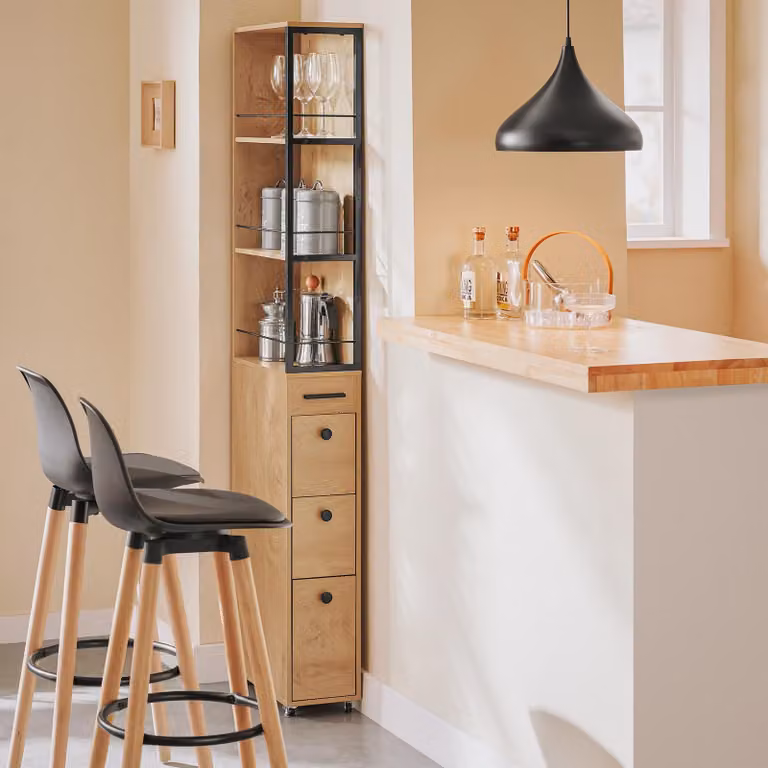 SoBuy NSR13-N Hoge kast met 3 lades en wandplank, naturel, H 170 cm x B 20 cm x D 40 cm