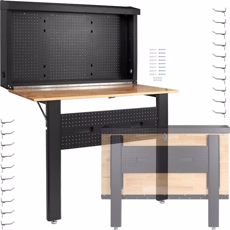 Wiltec Inklapbare wandmontabele werkbank met houten werkblad en gatafwerking, B/D/H: 120,5 x 82,5 x 162 cm