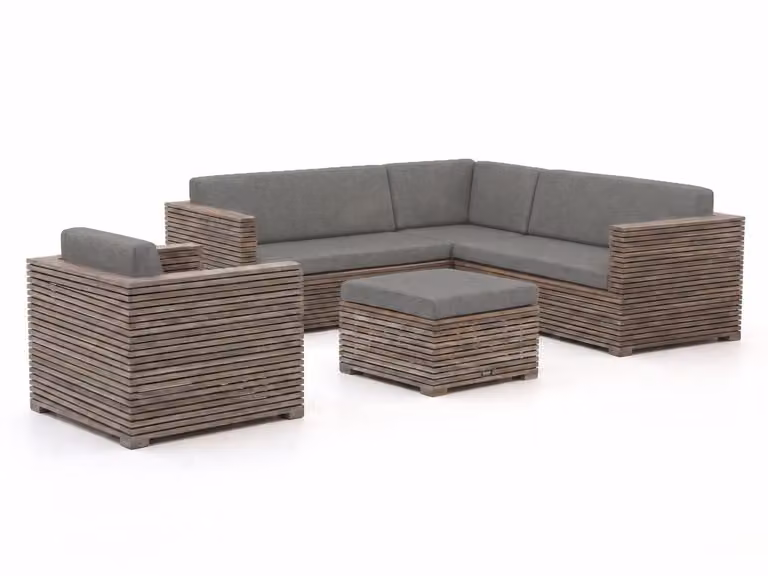 ROUGH Furniture Hoek loungeset voor 6 personen, Old Teak Greywash, behandeld hardhout met grijze kussens