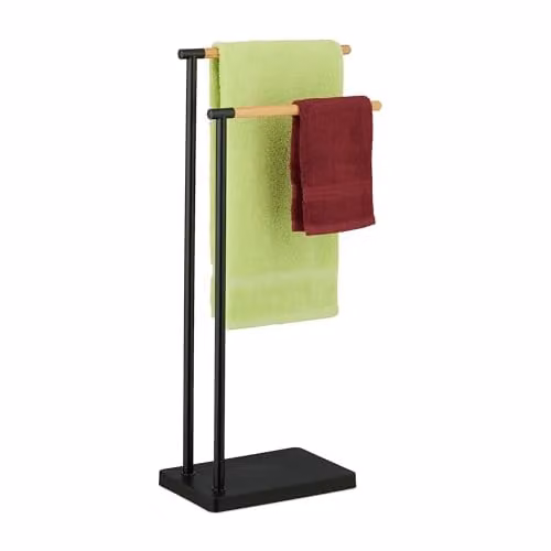 Relaxdays vrijstaand handdoekrek van bamboe en rvs, bruin/zwart, H: 78 cm, B: 36,5 cm, D: 20 cm