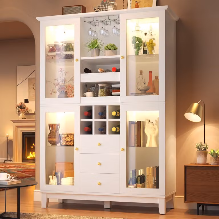 STILVORA Wijnkast met ledverlichting en 3 laden, Wit, B/D/H: 120 x 40 x 180,5 cm