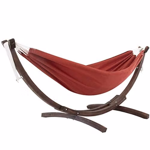 Vivere Sunbrella Dubbele Hangmat met Massief Houten Standaard - Crimson