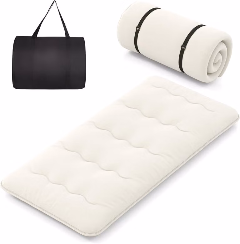 Costway Japanse futon matras met wasbaar overtrek en draagtas, beige, 90 x 200 cm