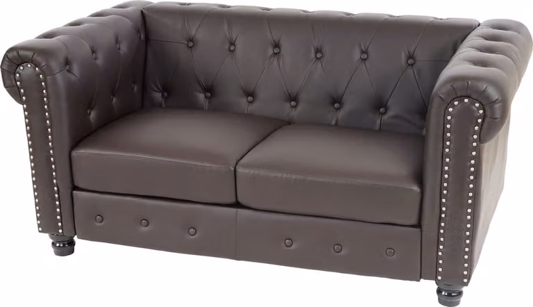 Luxe Chesterfield 2-zits loungebank van kunstleer in het bruin met ronde poten, breedte: 160 cm