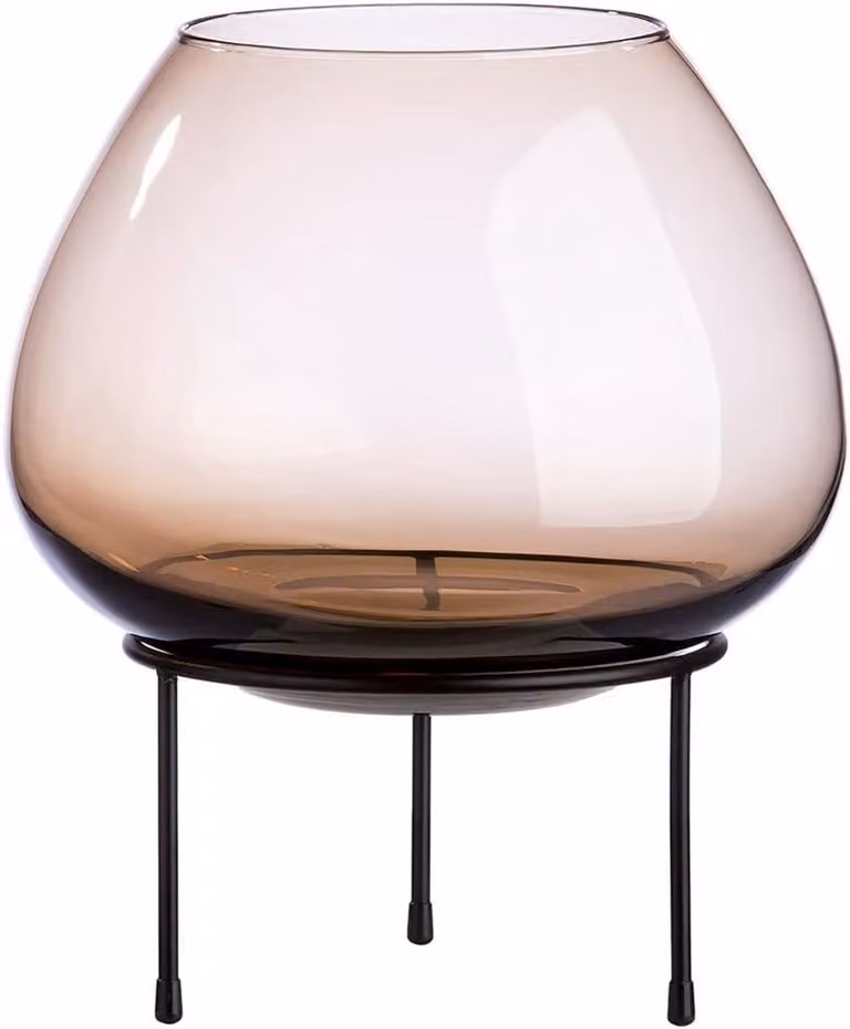 Groot decoratief windlicht XL met bruin glas en zwarte metalen standaard, Hoogte: 37,5 cm