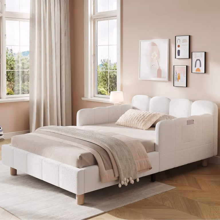 MODFU Kinderbed met beklede kop- en voeteneinde, veiligheidsreling en zijvak, beige, 90 x 200 cm