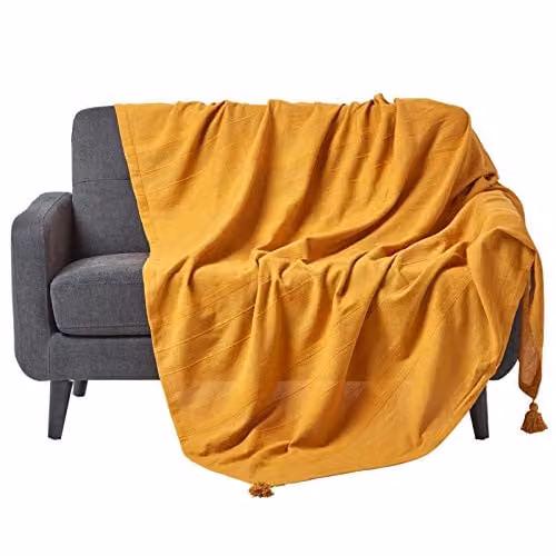 Homescapes Rajput handgemaakte plaid van 100% katoen, mosterdgeel